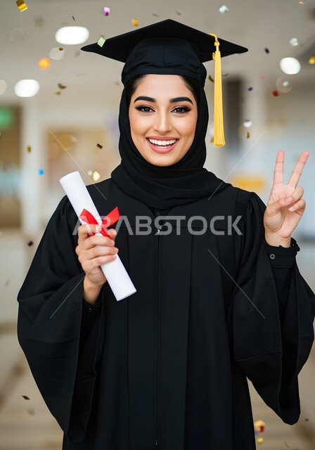 Feeling joy and happiness, celebrating the completion of university studies, a close-up photo of a Saudi Arabian Gulf student wearing an abaya and a graduation cap, raising her fingers in victory, holding her certificate in her hand, looking at the camera with gestures of satisfaction and pleasure, the concept of diligence and excellence