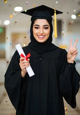 الشعور بالفرح والسعادة، الاحتفال بإنهاء الدراسة الجامعية، صورة مقربة لطالبة عربية سعودية خليجية ترتدي العباءه وقبعة التخرج ترفع اصابع النصر للاعلى تحمل بيدها الشهادة تنظر إلى الكاميرا بإيماءات الرضا والسرور, مفهوم الاجتهاد والتفوق