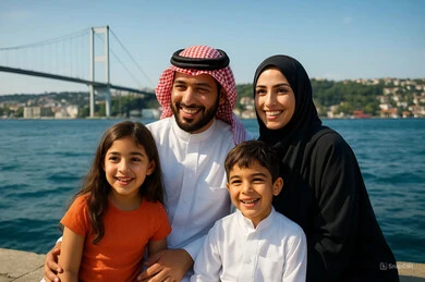 مفهوم السفر والسياحه، عائله عربيه خليجيه سعوديه في رحله سياحيه, اسره سعوديه سعيده في العطله الصيفيه, ايماءات السرور والاستجمام في وقت النهار, خلفية كورنيش البحر مع الطبيعه