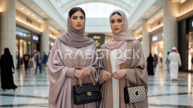 الاستمتاع بالتسوق و شراء الأغراض الجديدة من المول، الاستفادة من التخفيضات الموسمية، إمرأتان عربيتان خليجيتان سعوديتان محجبتان ترتديان عباءة بيج تحملان حقائب لماركات عالمية، عرض الازياء العصرية الحديثة