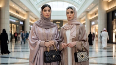 Enjoying shopping and getting offers, buying new items from the mall, taking advantage of seasonal discounts, two veiled Saudi Arabian Gulf women wearing an abaya looking at the camera with gestures of pleasure