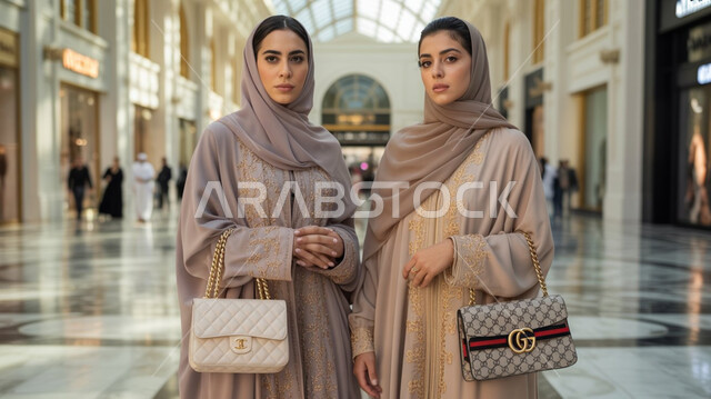 الاستمتاع بالتسوق و شراء الأغراض الجديدة من المول، الاستفادة من التخفيضات الموسمية، إمرأتان عربيتان خليجيتان سعوديتان محجبتان ترتديان عباءة بيج تحملان حقائب لماركات عالمية، عرض الازياء العصرية الحديثة