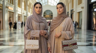 الاستمتاع بالتسوق و الحصول على العروض, شراء الأغراض الجديدة من المول، الاستفادة من التخفيضات الموسمية، إمرأتان عربيتان خليجيتان سعوديتان محجبتان ترتديان عباءة تنظران إلى الكاميرا بإيماءات السرور