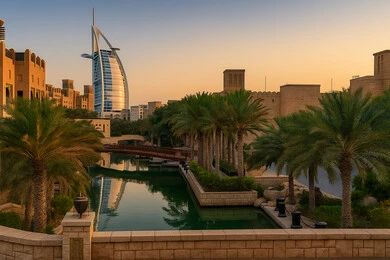 برج العرب في دبي بالامارات العربية المتحدة في النهار، مناطق جذب واستقطاب السياح من جميع انحاء العالم، التصاميم الهندسية المعمارية على الطراز الحديث والمتطور، أماكن ومعالم ترفيهية سياحية، التطور والتقدم العمراني للمنشآت, الفن الهندسي للابراج وناطحات السحاب
