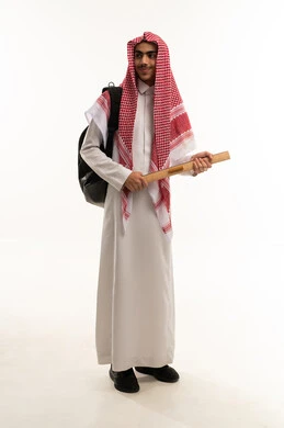 Measuring distances and drawing straight lines with a wooden ruler, a portrait of a Gulf Arab Saudi high school student wearing traditional attire and a shemagh, with a backpack looking at something, the importance of education in building a bright future for Saudi society, full-body image, white background.