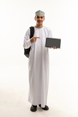 The concept of distance education, educational materials and curricula in the Sultanate of Oman, following lectures through advanced educational platforms, a portrait of an Omani Gulf Arab high school student wearing a dishdasha and kumma, carrying a bag on his back, holding a tablet in his hands and pointing to it, full-body image, white background.