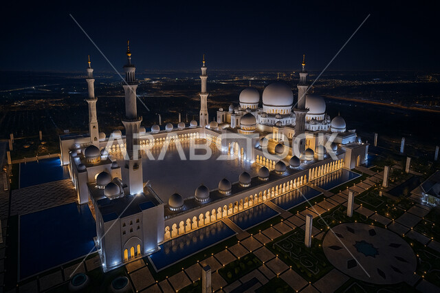 منظر جوي من الأعلى للساحة الخارجية لمسجد الشيخ زايد المضيء في مدينة أبو ظبي في الليل، الفن الهندسي المعماري الإسلامي لمساجد الإمارات، التصاميم المعمارية الاسلامية للأماكن الدينية في الإمارات العربية المتحدة