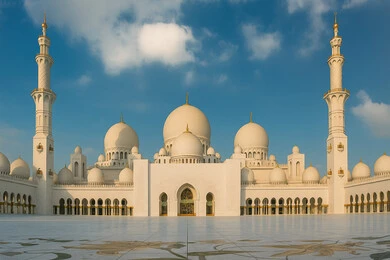 The exterior courtyard of Sheikh Zayed Mosque in Abu Dhabi during the day, Islamic architectural art of mosques in the UAE, Islamic architectural designs of Islamic religious sites in the United Arab Emirates