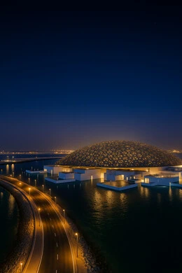 The Louvre Museum overlooking the Arabian Gulf at night in the Emirate of Dubai, famous tourist places and landmarks in the United Arab Emirates, distinctive designs and decorations, the architectural art of the towers and skyscrapers in the modern style, an Emirati vision of the future