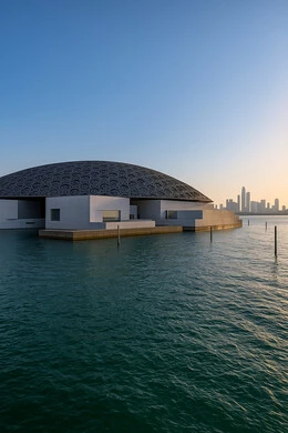 Famous tourist places and landmarks in the United Arab Emirates, distinctive designs and decorations, the architectural art of towers and skyscrapers in the modern style, an Emirati vision of the future, the Louvre Museum overlooking the Arabian Gulf coast during the day in the Emirate of Dubai