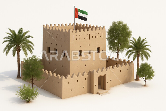 المباني الطينية المشيدة على الطراز القديم, التصاميم الهندسية الإنشائية للحصون والقلاع الأثرية, مجسم ثلاثي الابعاد لقلعة العانكة العريقة في أبو ظبي, معالم وأماكن سياحية مشهورة في الامارات العربية المتحدة، خلفية بيضاء