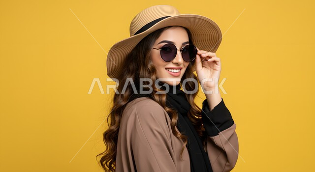 الاهتمام بالاناقة والمظهر الخارجي، بورتريه مقرب لإمراة عربية خليجية سعودية ترتدي الزي الكاجوال وقبعة القش تضع النظارات الشمسية بتعابير السرور، النظر الى الكاميرا بايماءات السعادة والفرح، خلفية صفراء