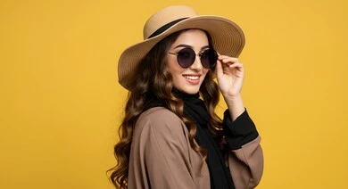 الاهتمام بالاناقة والمظهر الخارجي، بورتريه مقرب لصبية عربية خليجية سعودية ترتدي الزي الكاجوال وقبعة القش تضع النظارات الشمسية بتعابير السرور، النظرالى الكاميرا بايماءات السعادة والفرح، خلفية صفراء