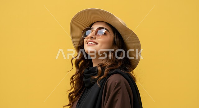 الاهتمام بالاناقة والمظهر الخارجي، بورتريه مقرب لإمرأة عربية خليجية سعودية ترتدي الزي الكاجوال وقبعة القش تضع النظارات الشمسية بتعابير السرور، النظر الى شيء ما بايماءات السعادة والفرح، خلفية صفراء