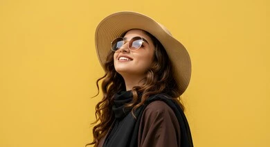 الاهتمام بالاناقة والمظهر الخارجي، بورتريه مقرب لصبية عربية خليجية سعودية ترتدي الزي الكاجوال وقبعة القش تضع النظارات الشمسية بتعابير السرور، النظرالى شيء ما بايماءات السعادة والفرح، خلفية صفراء