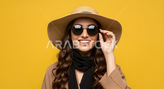 الاهتمام بالاناقة والمظهر الخارجي، بورتريه مقرب لإمرأة عربية خليجية سعودية ترتدي الزي الكاجوال وقبعة القش تضع النظارات الشمسية بتعابير السرور، النظر الى الكاميرا بايماءات السعادة والفرح، خلفية صفراء