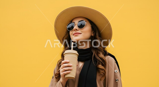 الاهتمام بالاناقة والمظهر الخارجي، بورتريه مقرب لإمرأة عربية خليجية سعودية ترتدي الزي الكاجوال وقبعة القش تضع النظارات الشمسية تقوم بالشرب من الكوب، النظرالى شيء ما بايماءات السعادة والفرح، خلفية صفراء