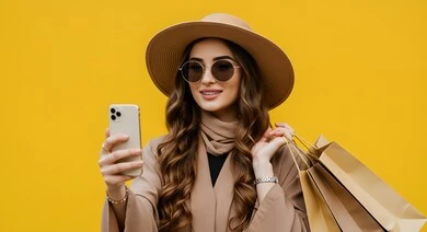 استخدام الهاتف المحمول بايماءات السعادة والفرح، الاهتمام بالاناقة والمظهر الخارجي، بورتريه مقرب لصبية عربية خليجية سعودية ترتدي الزي الكاجوال وقبعة القش تضع النظارات الشمسية تقوم بالتقاط صور سيلفي شخصية، خلفية صفراء