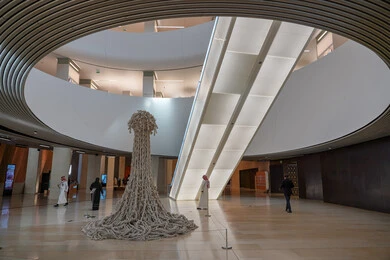 A famous cultural landmark, the interiors of the King Abdulaziz Center for World Culture (Ithra) in Dhahran, Saudi Arabia, feature distinctive interior decorations and architectural designs.