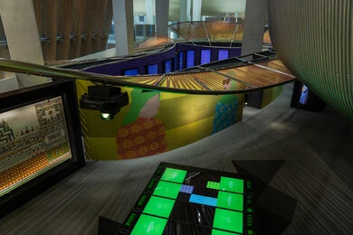 A famous cultural landmark, the interiors of the King Abdulaziz Center for World Culture (Ithra) in Dhahran, Saudi Arabia, feature distinctive interior decorations and architectural designs.