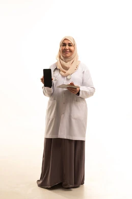 Saudi professions and jobs, integrating modern technologies into practical life, a portrait of an elderly Saudi Gulf Arab female doctor wearing a medical coat holding a patient records notebook displaying a blank black screen via a mobile phone, the concept of medicine and healthcare, full-body, white background.