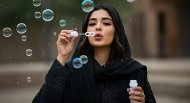 امرأة عربية  سعوديه خليجيه ترتدي عباءه تمسك بيدها لعبة فقاعات الصابون وتقوم بالنفخ فيها , التسليه والترفيه بألعاب الاطفال,  الاستمتاع بالفقاعات الصابونيه