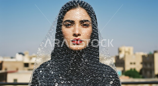 التسليه والترفيه بألعاب الاطفال، قضاء الأوقات بالأنشطة الترفيهية الممتعه والمسلية, صورة مقربة لسيدة عربية خليجية سعودية محجبة ترتدي عباءة سوداء وغطاء رأس فقاعي كرمز للحماية والاحتواء في وقت النهار