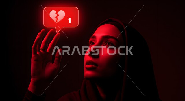 تأثير وسائل التواصل الاجتماعي السلبي على الأشخاص، رموز المشاعر والتعبيرات، بورتريه مقرب لسيدة عربية خليجية سعودية محجبة تحاول لمس فقاعة المواقع الافتراضية، إيموشن قلب ممزق، خلفية سوداء