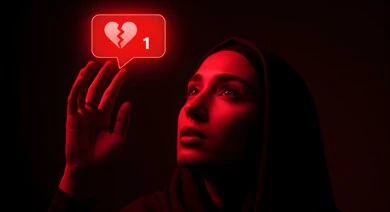 تأثير وسائل التواصل الاجتماعي السلبي على الأشخاص، رموز المشاعر والتعبيرات، بورتريه مقرب لسيدة عربية خليجية سعودية محجبة تحاول لمس فقاعة المواقع الافتراضية، إيموشن قلب ممزق، خلفية سوداء