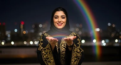 A smiling veiled Saudi Arabian Gulf woman holding a lit rainbow in her hands with gestures and expressions of happiness and pleasure, showing feelings of joy with a rainbow of colors, background of lit towers and buildings at night