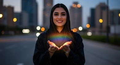 امرأة عربية خليجية سعودية محجبة مبتسمة تحمل بيديها قوس قزح مضيء بإيماءات وتعابير السعادة والسرور، إظهار مشاعر الفرح بقوس الألوان، خلفية الأبراج والمباني المضاءة في وقت الليل