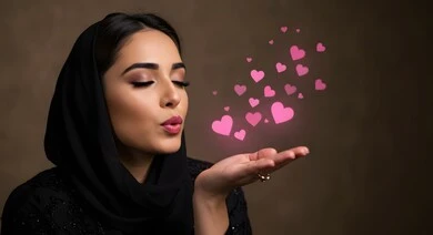 امرأة عربية خليجية سعودية محجبة ترسل قبلة هوائية مع قلوب متوهجة، التعبير عن المحبة والود، قلوب وردية ثلاثية الأبعاد، رموز المشاعر والتعبيرات