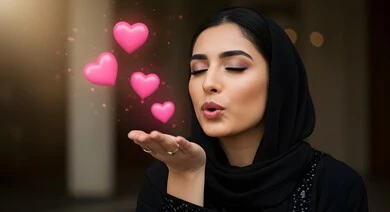 امرأة عربية خليجية سعودية محجبة ترسل قبلة هوائية مع قلوب متوهجة، التعبير عن المحبة والود، قلوب وردية ثلاثية الأبعاد، رموز المشاعر والتعبيرات