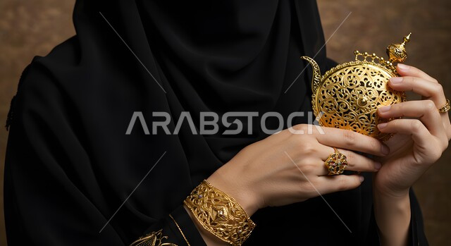 مقهوم التأنق والتجمل، الاهتمام بالمظهر الخارجي، الحلي المصنوعة بحرفية من الذهب الخالص، الاكسسوارات الثمينة في المملكة العربية السعودية، التصميمات الفريدة والمميزة للخواتم والأساور، امرأة عربية خليجية سعودية محجبة ترتدي مجوهرات ذهبية تقليدية