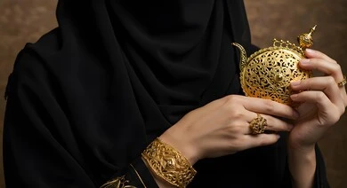 مقهوم التأنق والتجمل، الاهتمام بالمظهر الخارجي، الحلي المصنوعة بحرفية من الذهب الخالص، الاكسسوارات الثمينة في المملكة العربية السعودية، التصميمات الفريدة والمميزة للخواتم والأساور، امرأة عربية خليجية سعودية محجبة ترتدي مجوهرات ذهبية تقليدية