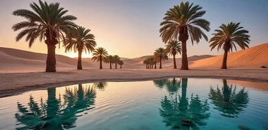 Oases and palm tree farms in the desert landscape around water lakes, local crops and agricultural products, nature reserves in the Sultanate of Oman, plateaus, hills and soft sand dunes in the desert, recreational safari areas