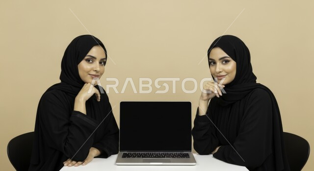 النظر إلى الكاميرا بإيماءات السرور، مهنة ووظيفة نسائية مكتبية سعودية، ادارة وانجاز المهام باستخدام جهاز تقني حديث ومتطور, امرأتان عربيتان خليجيتان سعوديتان محجبتان ترتديان عباءة سوداء تجلسان في المكتب في مقر العمل