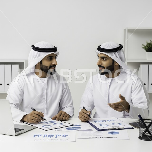 كتابة التقارير والمستندات، التفاهم والتعاون بين الزملاء لتحقيق أهداف الشركة , إدارة شؤون الأعمال وتنظيمها، مهن ووظائف ادارية مكتبية، رجلان عربيان خليجيان اماراتيان يرتديان الكندورة والغتره يقومان بالعمل داخل المكتب