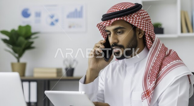 ادارة مهام العمل اليومية في مقر الشركة، مهن ووظائف سعودية، استخدام الاجهزة التقنية الحديثة، رجل عربي خليجي سعودي يرتدي الزي التقليدي يجلس في مكتبه ييجري مكالمة هاتفية عبر الهاتف الجوال، تطوير خطط وآليه العمل, دمج العمل مع التقنية والتكنولوجيا