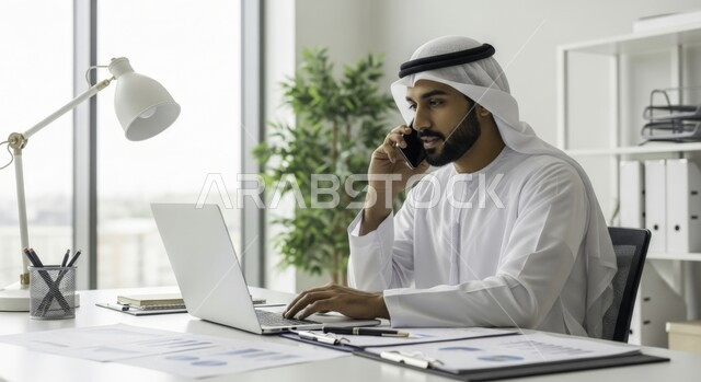 ادارة مهام العمل اليومية في مقر الشركة، مهن ووظائف اماراتية، استخدام الاجهزة التقنية الحديثة، رجل عربي خليجي اماراتي يرتدي الكندورة والغترة يجلس في مكتبه ييجري مكالمة هاتفية عبر الهاتف الجوال، تطوير خطط وآليه العمل, دمج العمل مع التقنية والتكنولوجيا