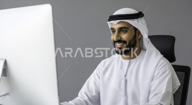 ادارة مهام العمل اليومية في مقر الشركة، مهن ووظائف اماراتية، استخدام الاجهزة التقنية الحديثة، رجل عربي خليجي اماراتي يرتدي الكندورة والغترة يجلس في مكتبه يعمل على الحاسوب بإيماءات السرور، تطوير خطط وآليه العمل, دمج العمل مع التقنية والتكنولوجيا
