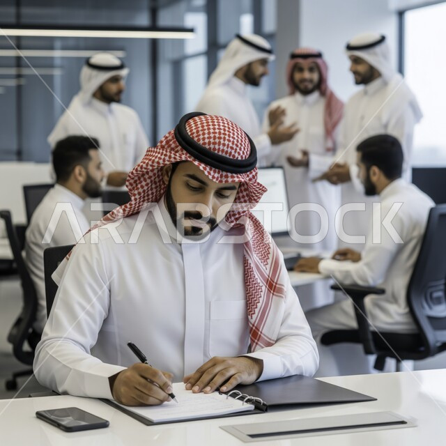 قراءة البنود الخاصة بالعمل، التحقيق والتدقيق في شروط عقد العمل، رجل عربي خليجي سعودي يرتدي الثوب والشماغ يجلس في مقر الشركة يقوم بالتوقيع على أوراق إحدى العقود، بناء شراكات واتفاقيات جديدة