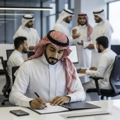Reading the terms of the employment contract, investigating and scrutinizing the terms of the employment contract, a Saudi Arabian Gulf man wearing a thobe and shemagh sitting in the company headquarters signing a contract, building new partnerships and agreements