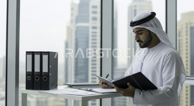 قراءة البنود الخاصة بالعمل، التحقيق والتدقيق في شروط عقد العمل، رجل عربي خليجي إماراتي يرتدي الكندورة والغترة يقف في مقر الشركة يقوم بالتوقيع على أوراق إحدى العقود، بناء شراكات واتفاقيات جديدة