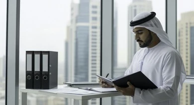 Reading the terms of the employment contract, investigating and scrutinizing the terms of the employment contract, an Emirati Gulf Arab man wearing a kandura and ghutra standing in the company headquarters signing a contract, building new partnerships and agreements