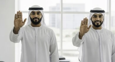 طلب التوقف وعدم الاقتراب, التحذير من فعل شيء ما، مفهوم الرفض والامتناع والانزعاج, رجلان عربيان خليجيان اماراتيان يرتديان الكندورة والغترة يرفعان كفهما بإيماءات طلب المشاركة في أمر ما