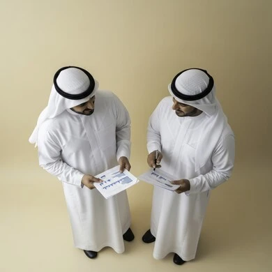 Monitoring and controlling the economy and financial information, the concept of financial investment, an overhead view of two Emirati Gulf Arab men wearing kanduras and ghutras holding financial market charts, studying and analyzing statistics and charts, discussion and dialogue between colleagues to achieve the company's goals