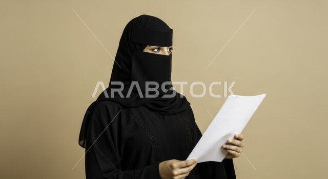 انجاز المهام المطلوبة, متابعة المراسلات والسجلات، امرأة عربية خليجية سعودية ترتدي النقاب والعباءة تحمل بيديها اوراق بيضاء، التدقيق في قراءة الملاحظات والتقارير، النظر إلى شيء ما، متابعة الخطط والتقارير