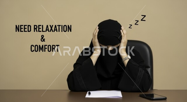تعابير الكسل والخمول، الحاجة للنوم والراحة، امرأة عربية خليجية سعودية منقبة ترتدي عباءة سوداء تجلس على الكرسي أمام مكتبها تضع يديها على رأسها بإيماءات تدل على النعاس والتعب، السهر لوقت متأخر