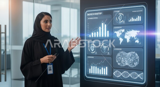 Achieving the industrial revolution, innovation, and artificial intelligence technology, Saudi Vision 2030, a Saudi Arabian Gulf woman wearing a hijab and abaya working on a holographic screen, displaying technological data on an interactive digital screen in a business meeting
